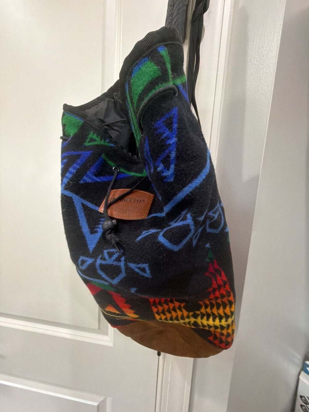 Pendleton Wool Aztec Geometric Pattern Drawstring Backpack with Suede Bottom